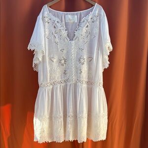 Anthropologie Cream Embroidered Midi Dress